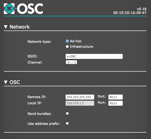 Mi.Mu Gloves x-OSC settings ad hoc mode - Network and OSC